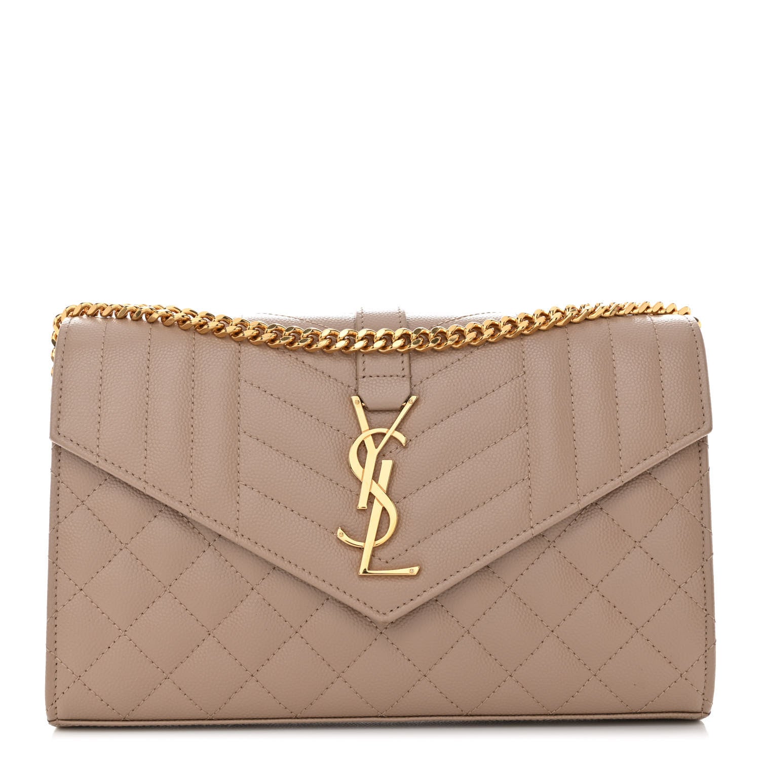 Saint Laurent Grain De Poudre Mixed Matelasse Triquilt Monogram Chain Wallet Dark Beige 1 of 9