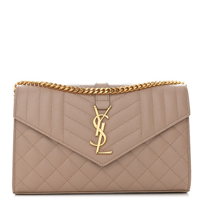 Saint Laurent Grain De Poudre Mixed Matelasse Triquilt Monogram Chain Wallet Dark Beige 1 of 9