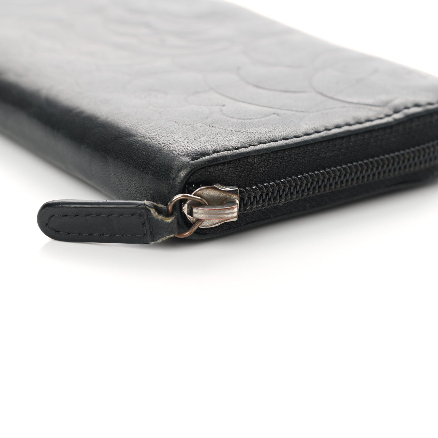 Lambskin Camellia Embossed Large Zip Around Gusset Wallet Black