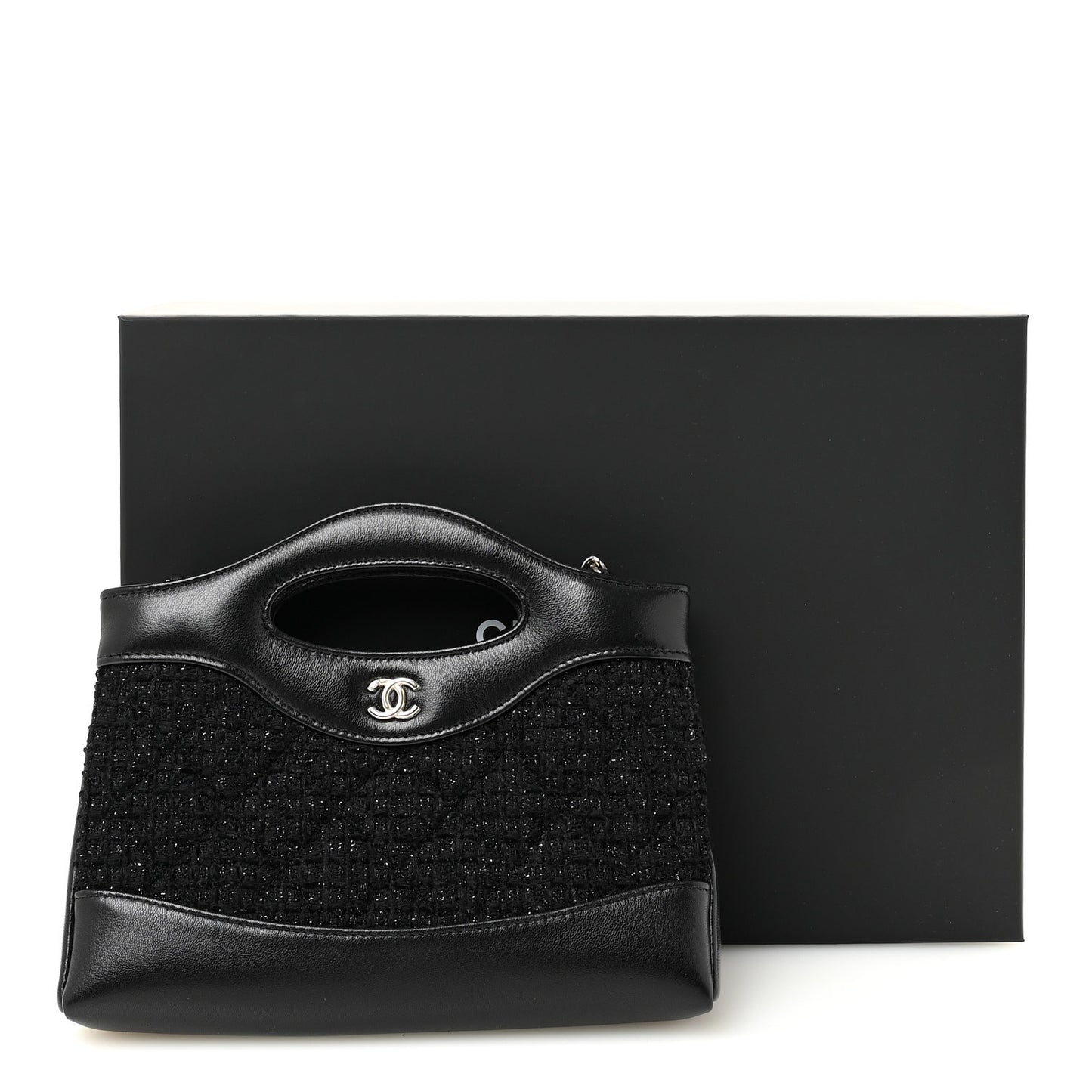 Tweed Shiny Calfskin Quilted Nano 31 Shopping Bag Black