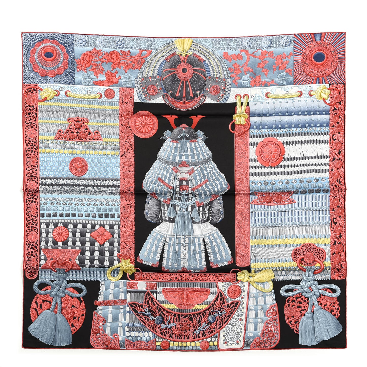 Silk Parures de Samourais Scarf 90 Black Rouge Bleu Jean