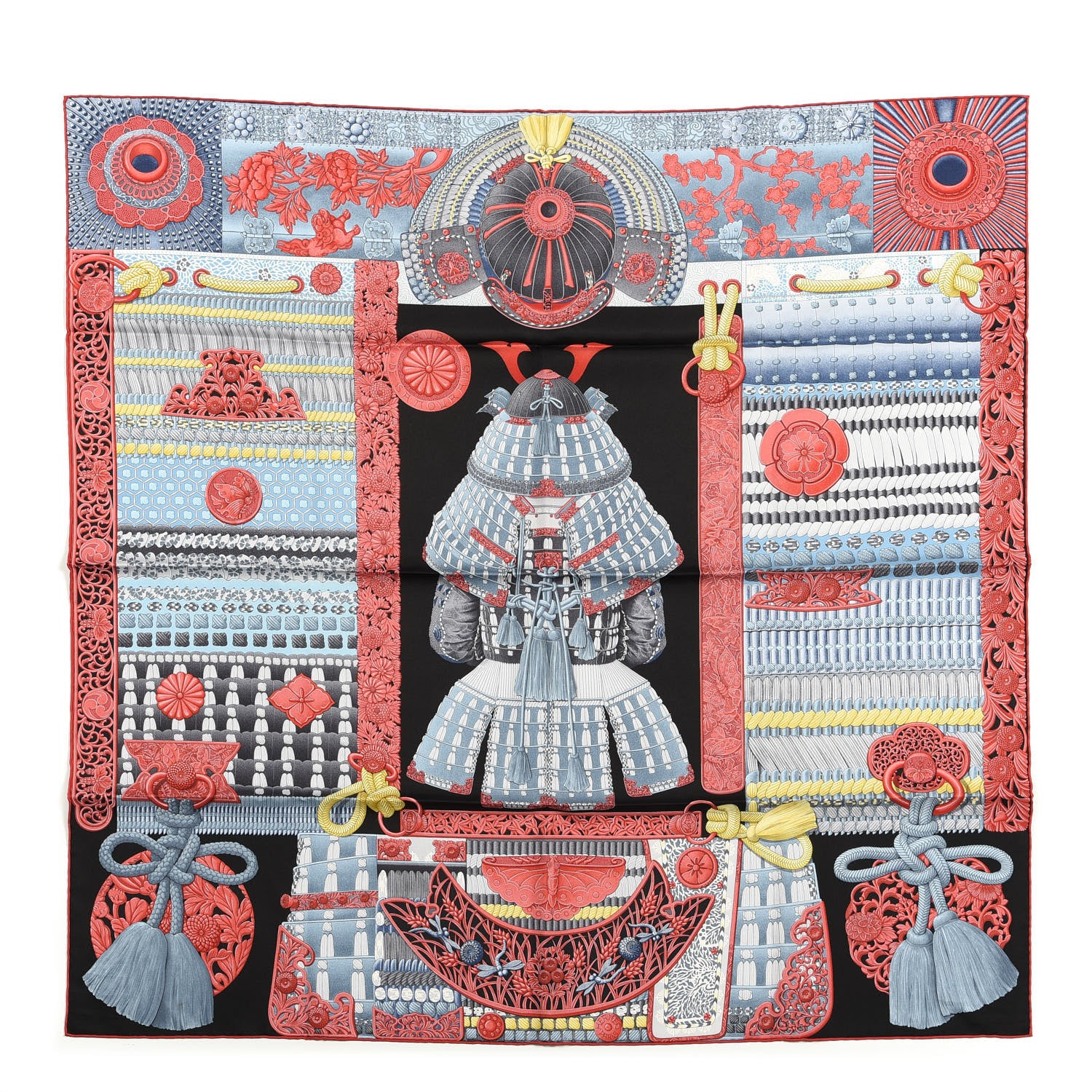 Hermes Silk Parures de Samourais Scarf 90 Black Rouge Bleu Jean 1 of 3