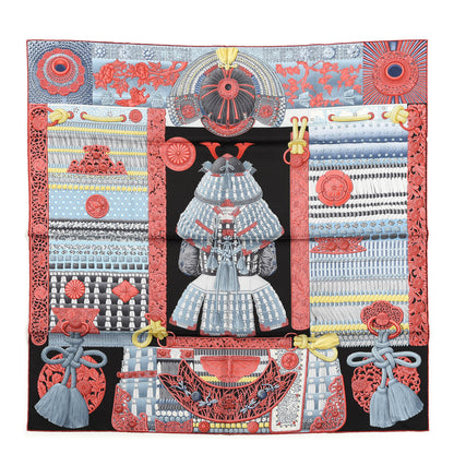 Hermes Silk Parures de Samourais Scarf 90 Black Rouge Bleu Jean 1 of 3
