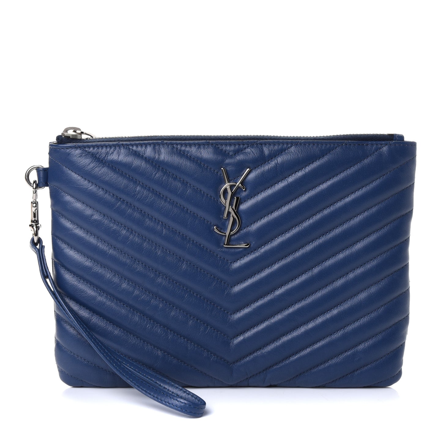 Calfskin Matelasse Chevron Monogram A5 Wristlet Medium Blue