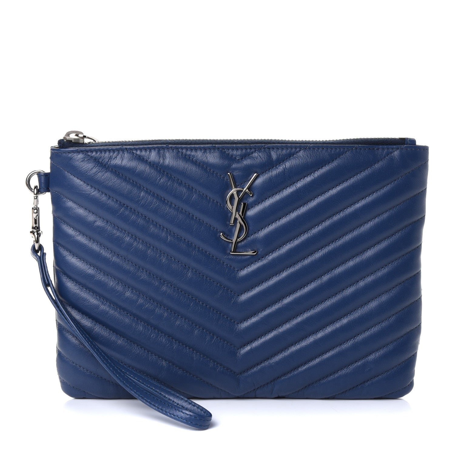 Saint Laurent Calfskin Matelasse Chevron Monogram A5 Wristlet Medium Blue 1 of 4