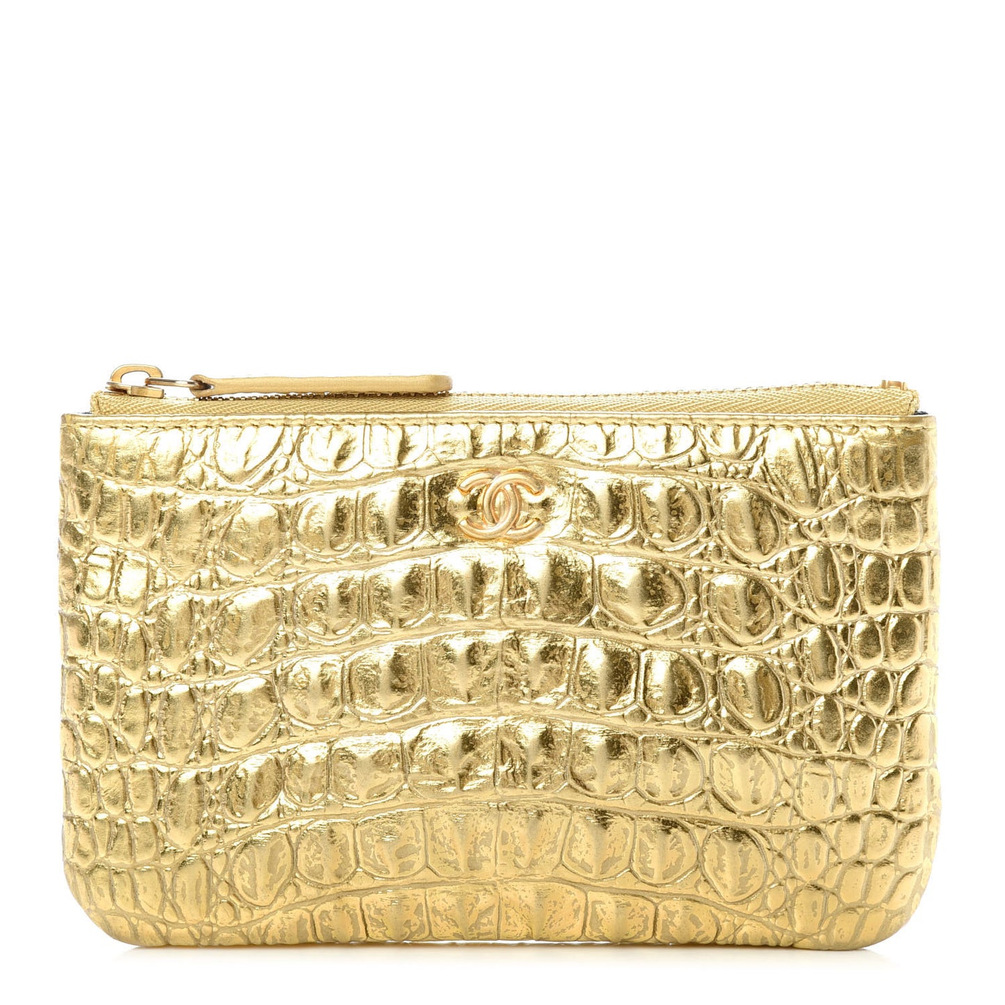 Metallic Calfskin Crocodile Embossed Cocodile Small Cosmetic Case Gold