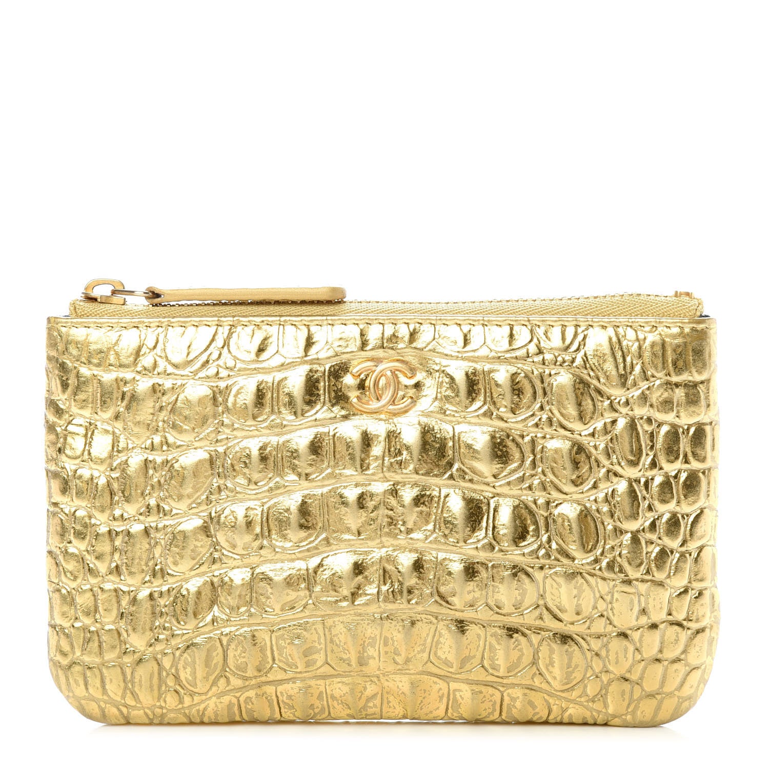 Chanel Metallic Calfskin Crocodile Embossed Cocodile Small Cosmetic Case Gold 1 of 7