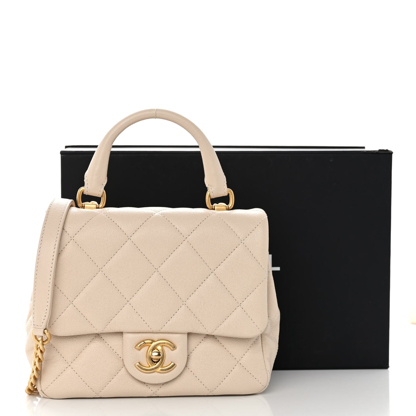 Shiny Caviar Quilted Mini Top Handle Flap Ecru