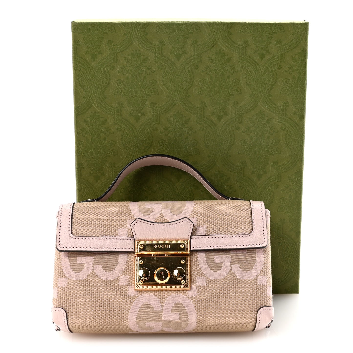 Monogram Jumbo GG Textured Dollar Calfskin Mini Padlock Top Handle Shoulder Bag Beige Perfect Pink