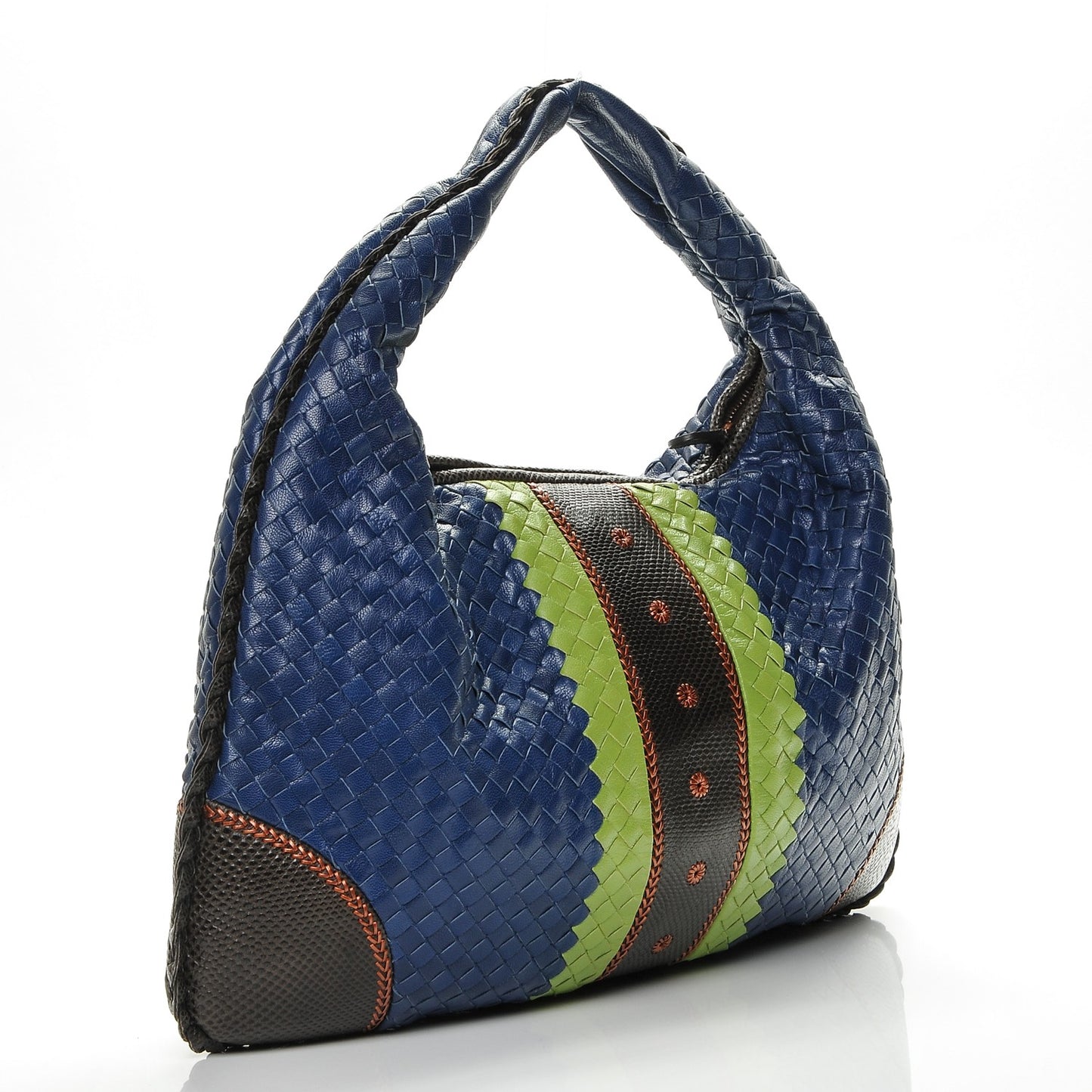 Shiny Goatskin Intrecciato Karung Large Veneta Hobo Cobalt