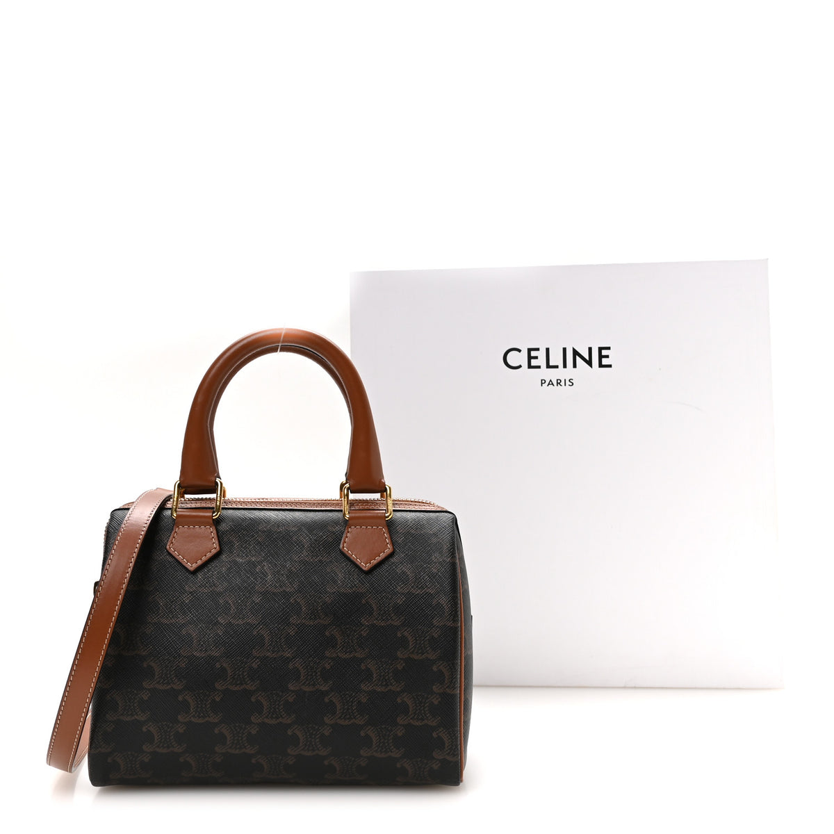 Triomphe Canvas Calfskin Small Boston Bag Tan