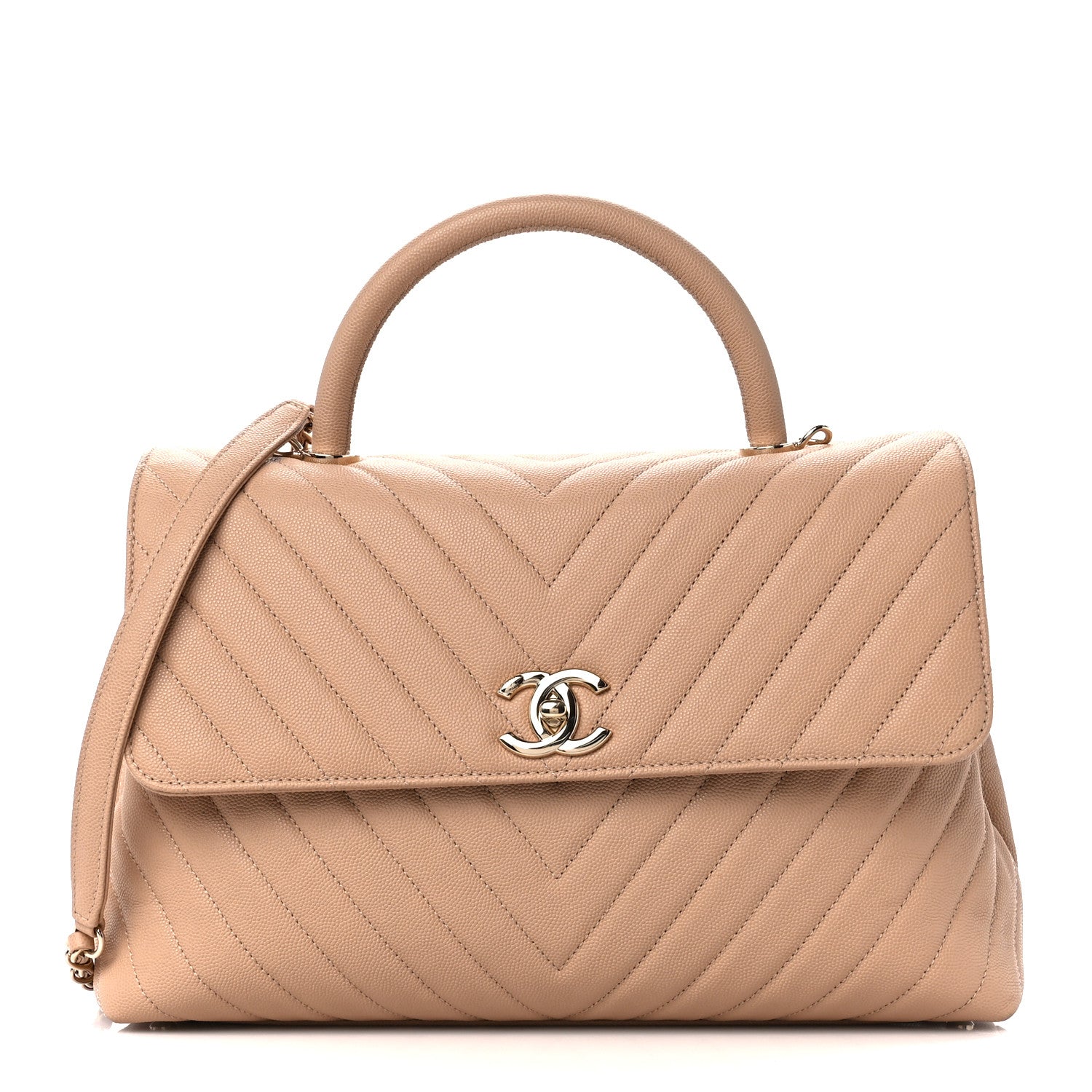 Chanel Caviar Chevron Quilted Medium Coco Handle Flap Beige 1 of 11