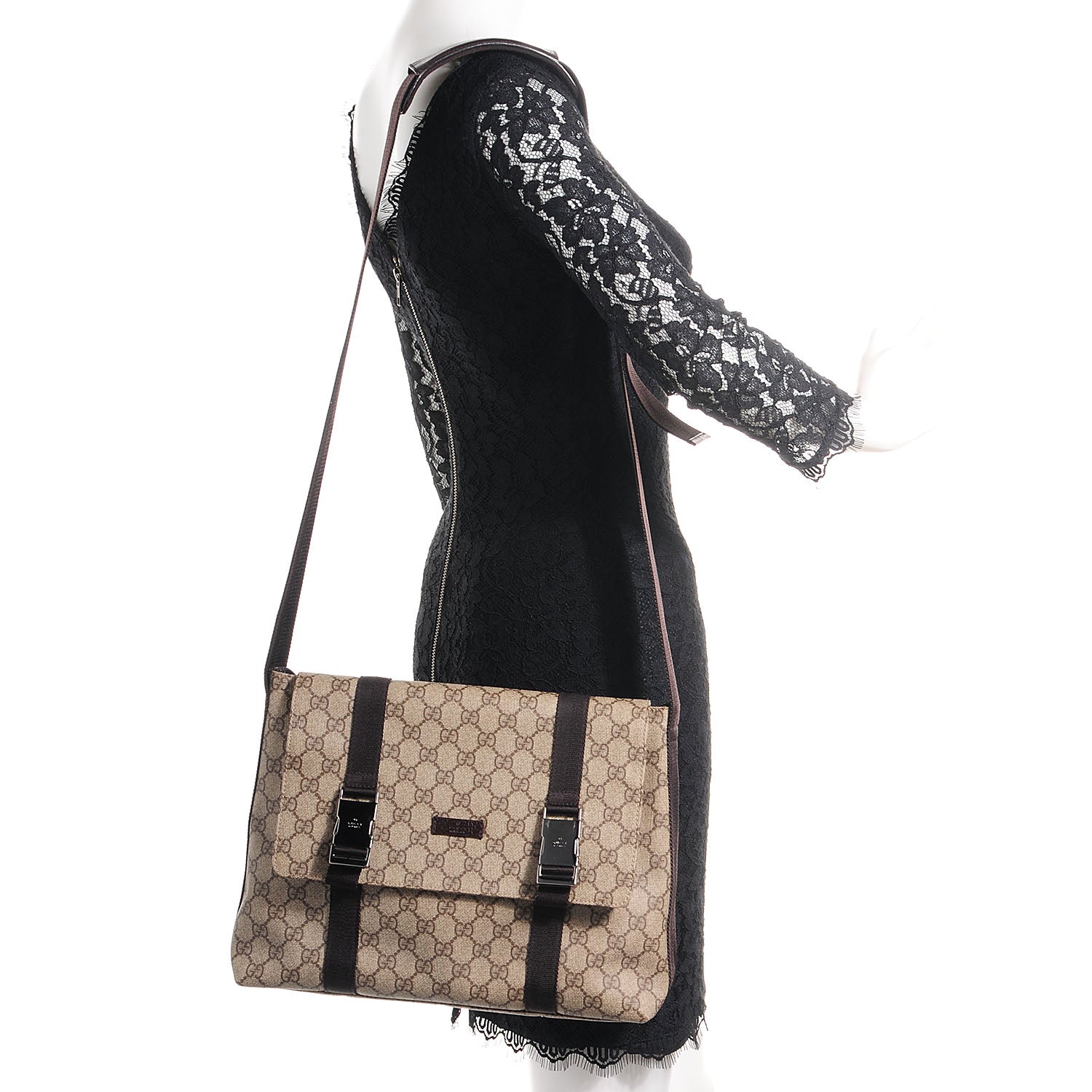 Gucci GG Plus Monogram Large Double Buckle Flap Messenger Bag Beige Dark Brown 2 of 9