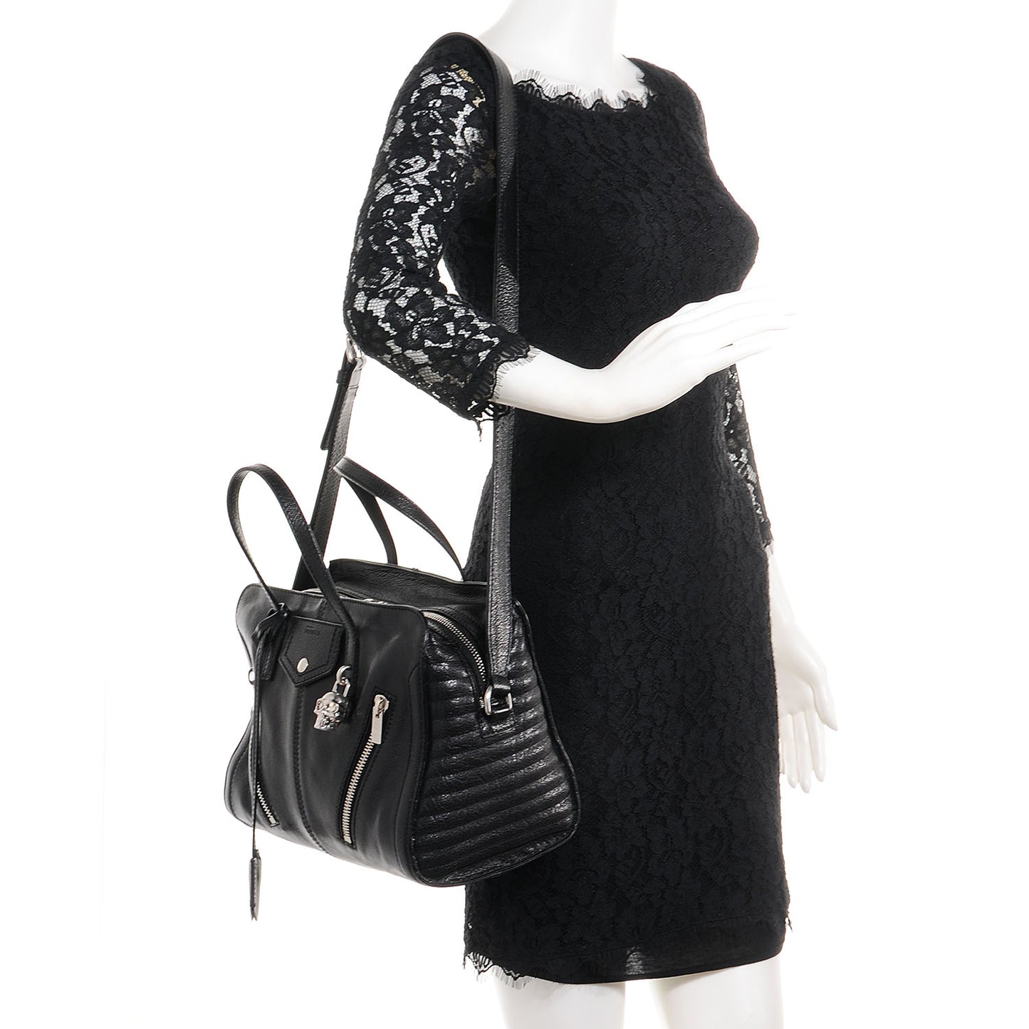 Leather Padlock Zip Around Biker Satchel Black
