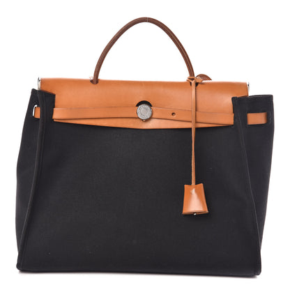 Hermes Toile Vache Calfskin Herbag 30 PM Black Natural 1 of 10