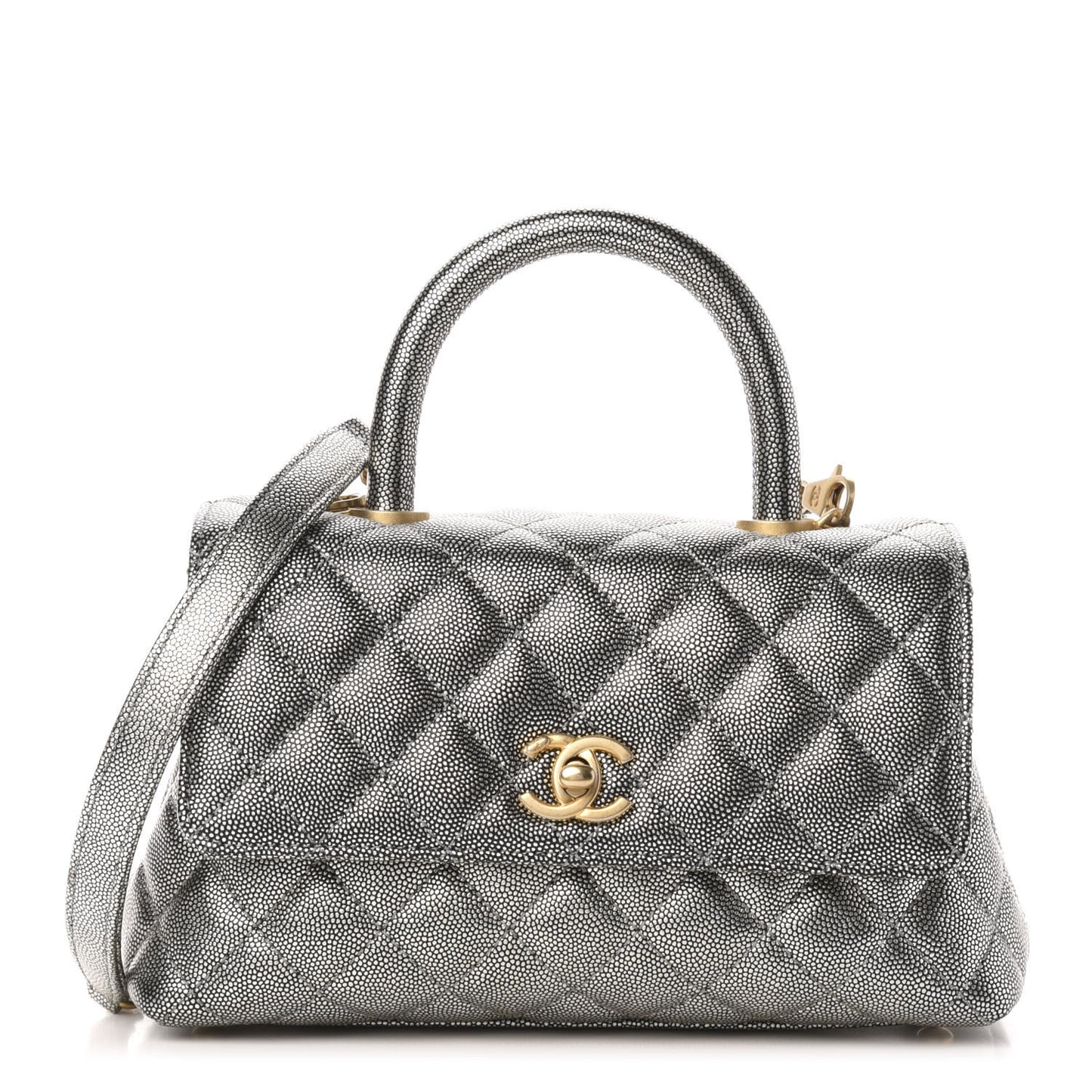 Metallic Caviar Quilted Mini Coco Handle Flap Silver