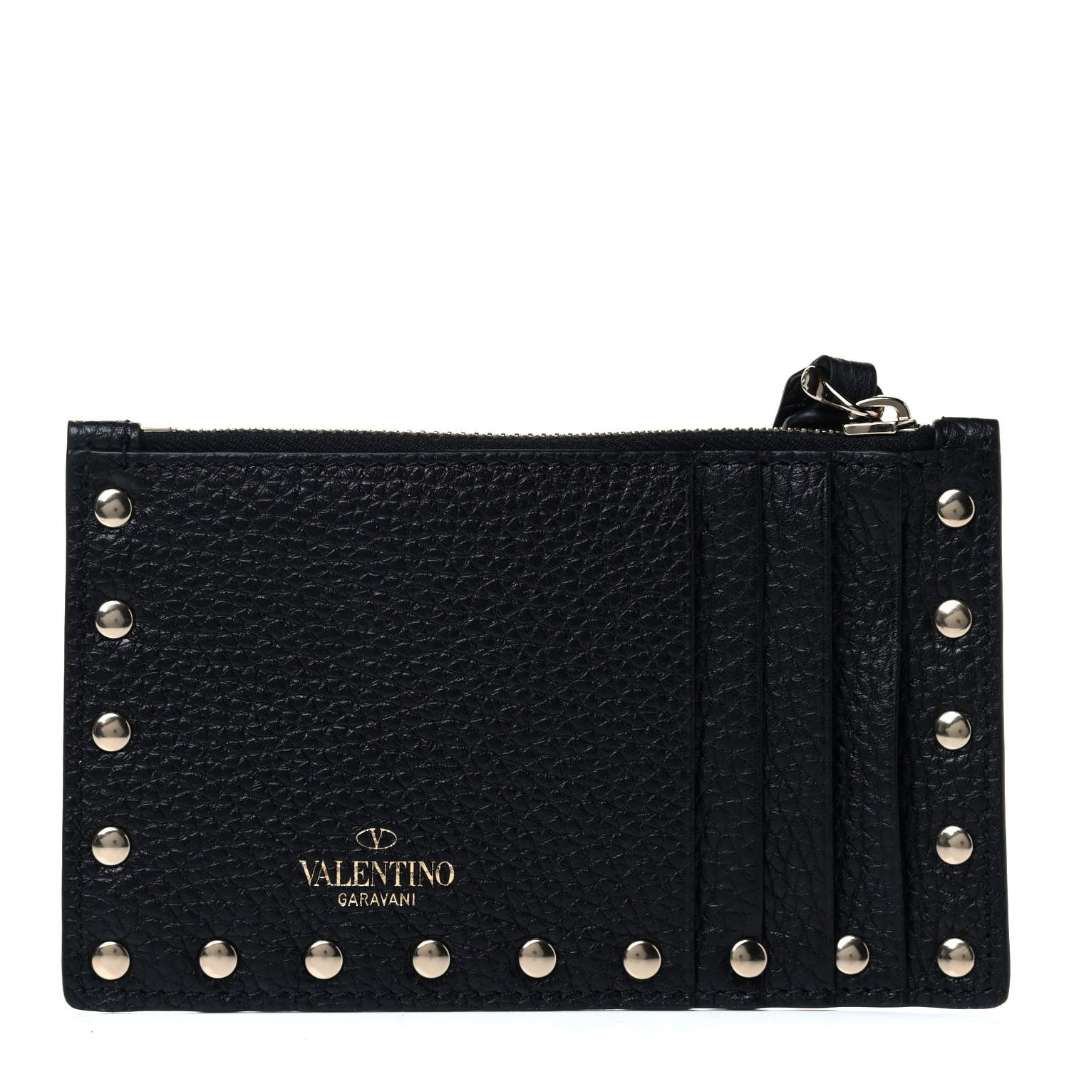 Valentino Garavani Pebbled Calfskin Rockstud Coin Case Card Holder Black 1 of 4