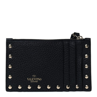 Valentino Garavani Pebbled Calfskin Rockstud Coin Case Card Holder Black 1 of 4