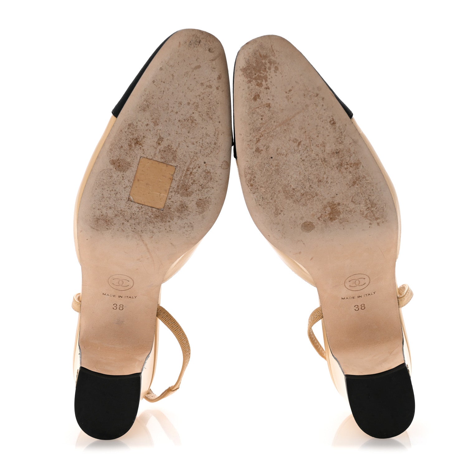 Chanel Goatskin Grosgrain Cap Toe CC Slingback Pumps 38 Beige Black 6 of 10