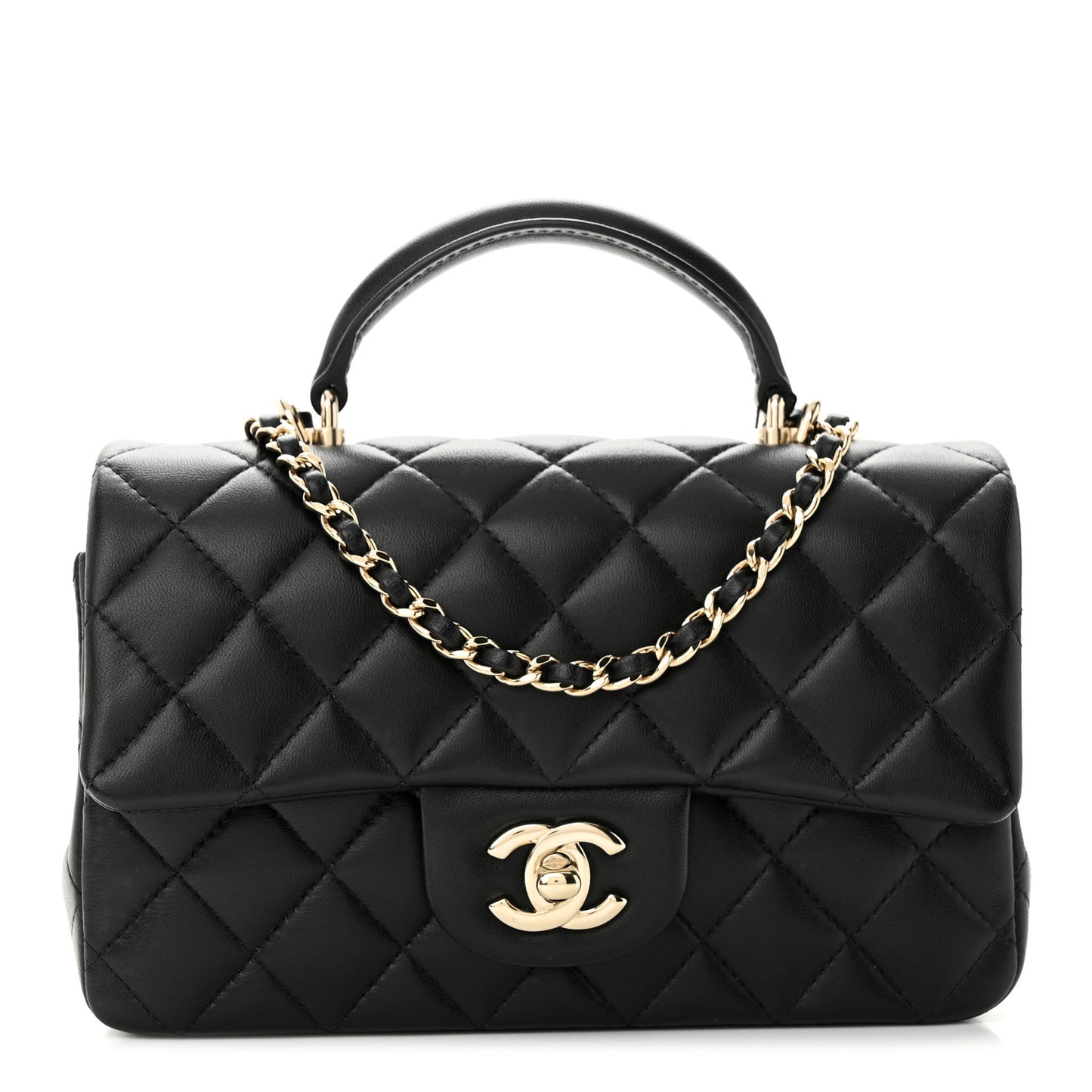 Lambskin Quilted Mini Top Handle Rectangular Flap Black