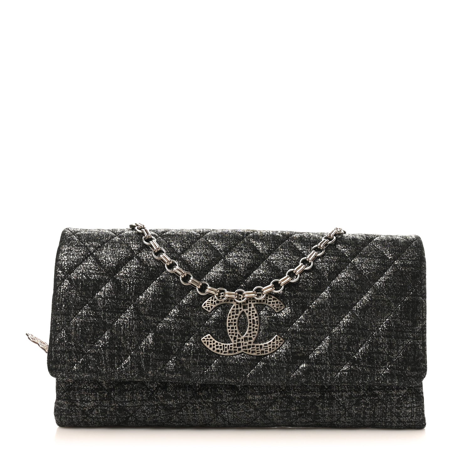 Glitter Fabric Quilted Flap Clutch With Butterfly Chain Black
