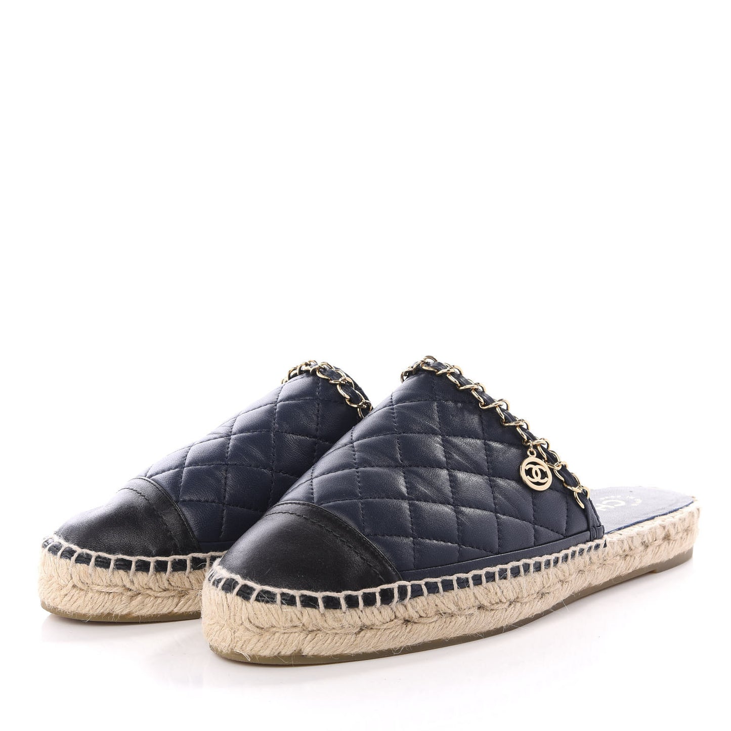 Lambskin Quilted CC Chain Espadrille Mules 38 Black Navy