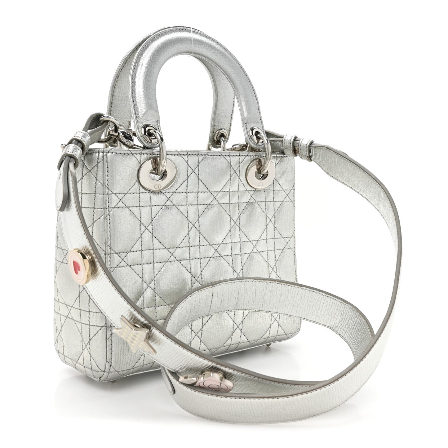 Metallic Grained Calfskin Cannage Small Lucky Badges My Lady Dior Silver