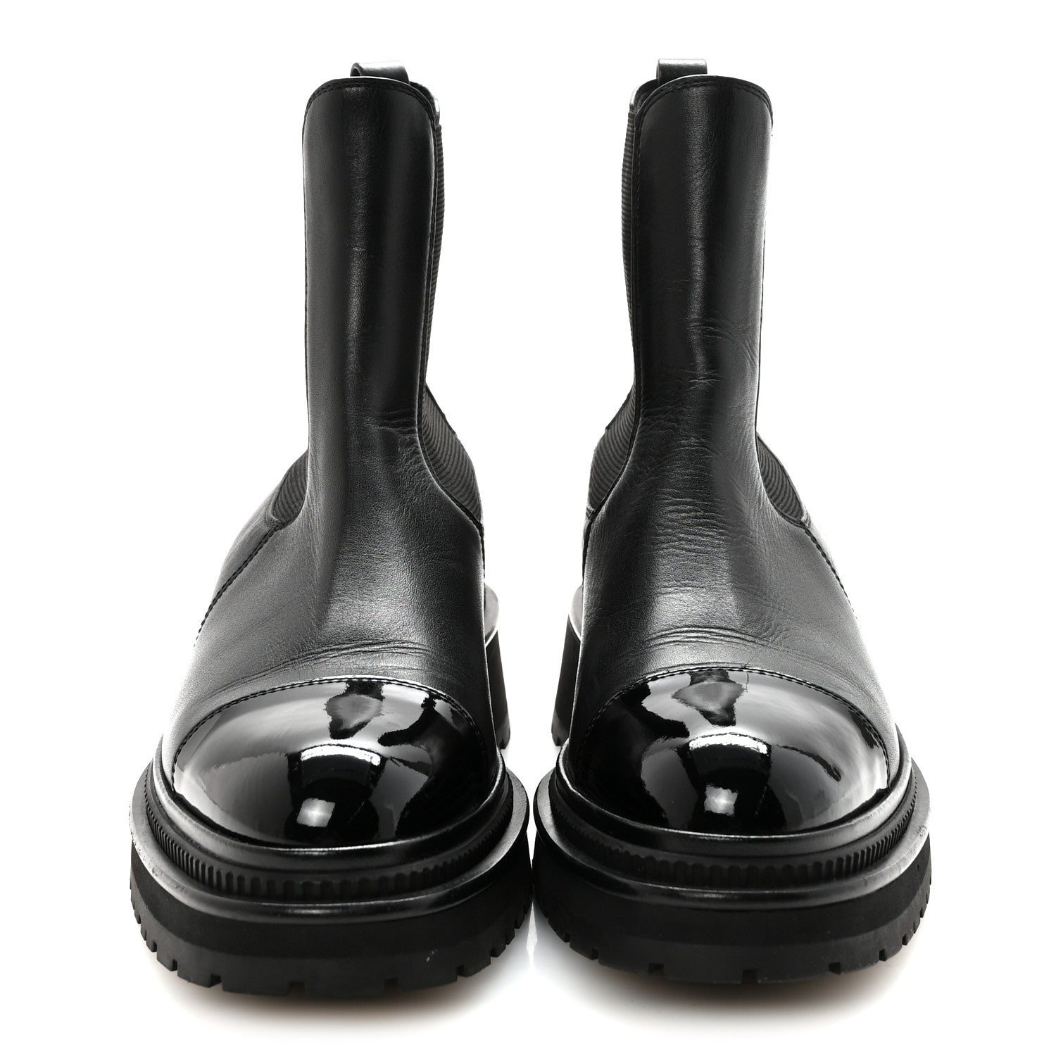 Chanel Calfskin Patent Cap Toe Ankle Boots 39.5 Black 1867963