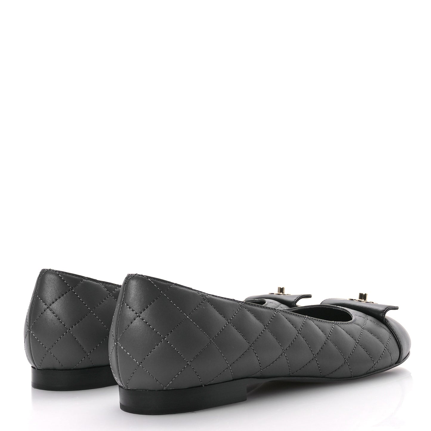 Calfskin Lambskin Quilted CC Ballerina Flats 37.5 Grey Black