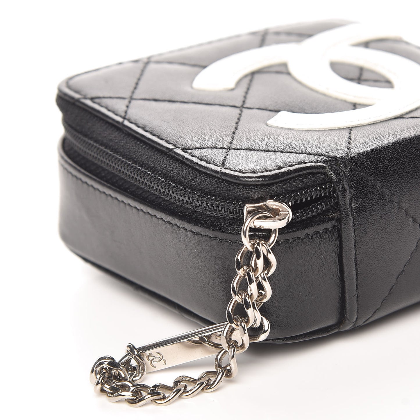Calfskin Quilted Cambon Zip Around Makeup Pouch Black White