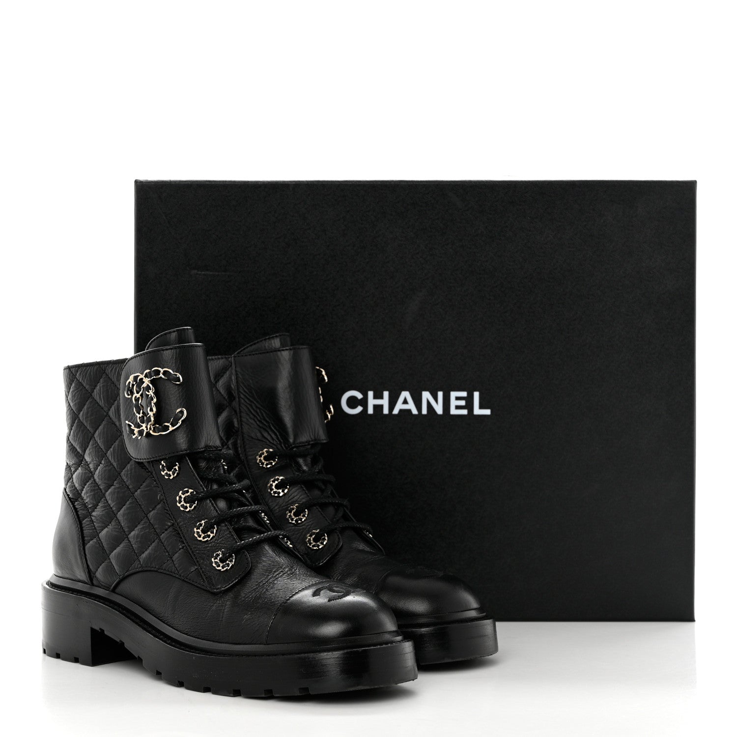 Chanel Shiny Goatskin Calfskin Quilted Lace Up Combat Boots 38 Black 9 of 9