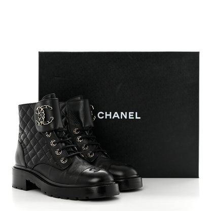 Chanel Shiny Goatskin Calfskin Quilted Lace Up Combat Boots 38 Black 9 of 9