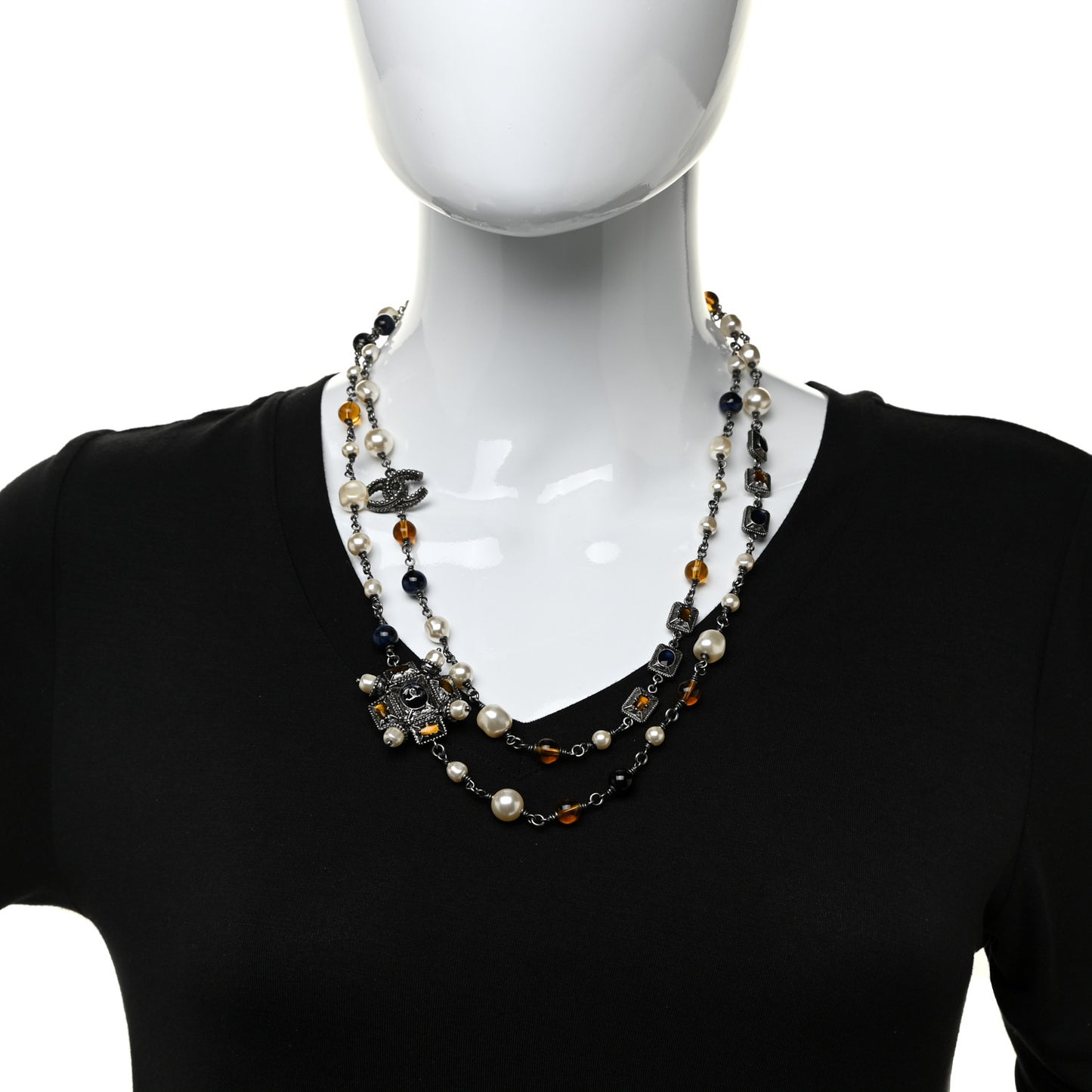 Gripoix Glitter Poured Glass Pearl Crystal Bead CC Long Necklace Ruthenium Blue Yellow