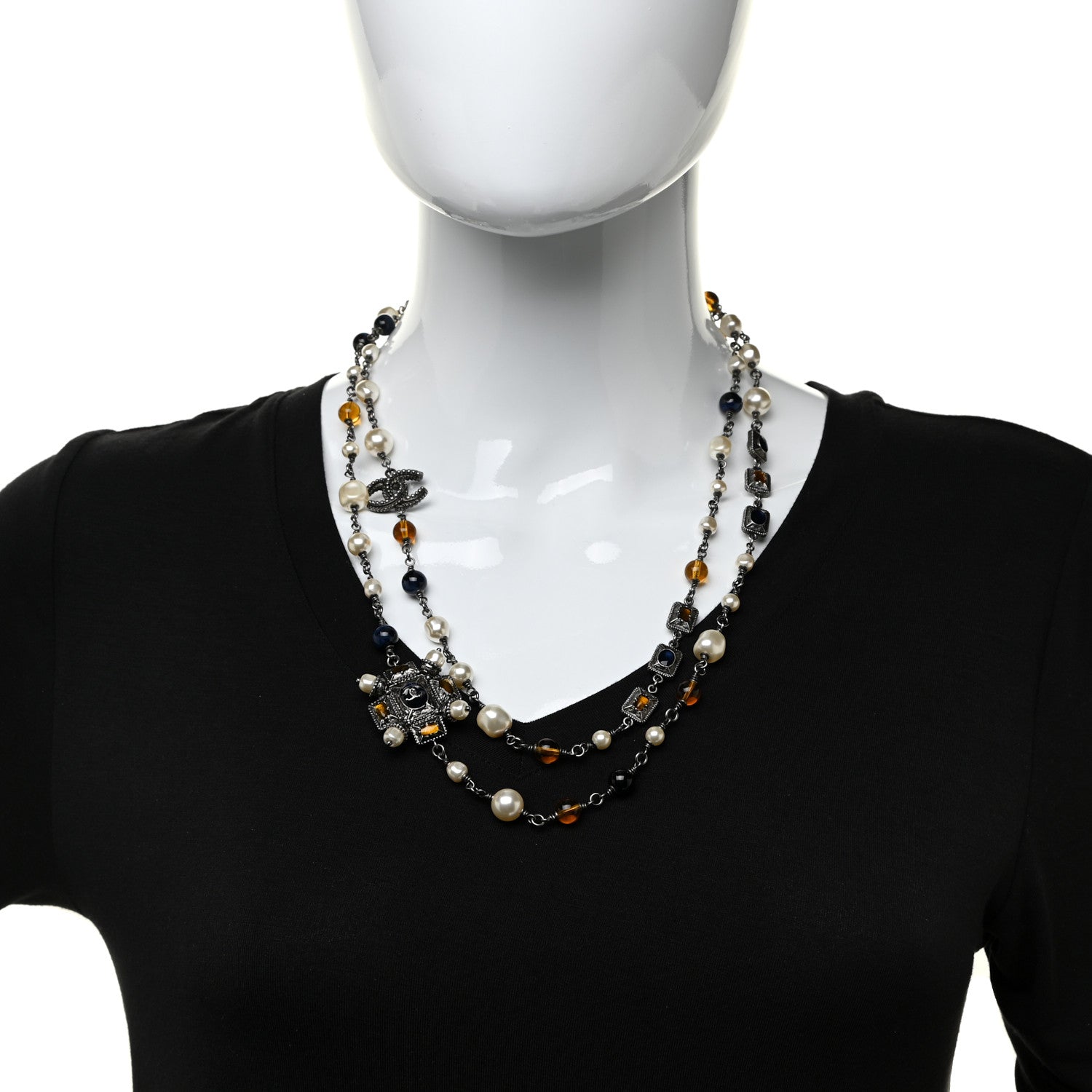 Chanel Gripoix Glitter Poured Glass Pearl Crystal Bead CC Long Necklace Ruthenium Blue Yellow 2 of 7