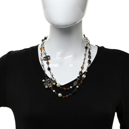 Chanel Gripoix Glitter Poured Glass Pearl Crystal Bead CC Long Necklace Ruthenium Blue Yellow 2 of 7