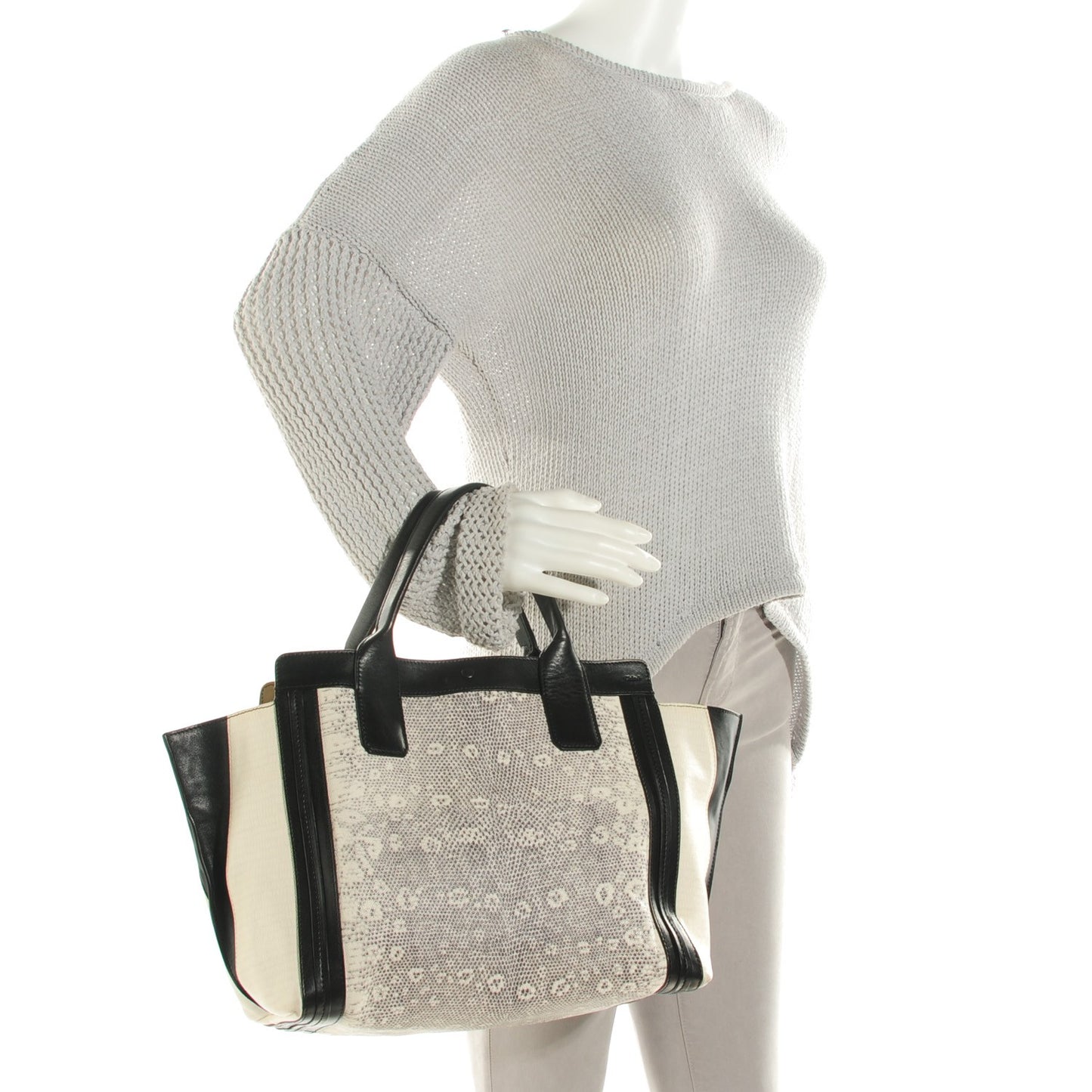 Grained Calfskin Lizard Embossed Mini Alison East West Tote Black White