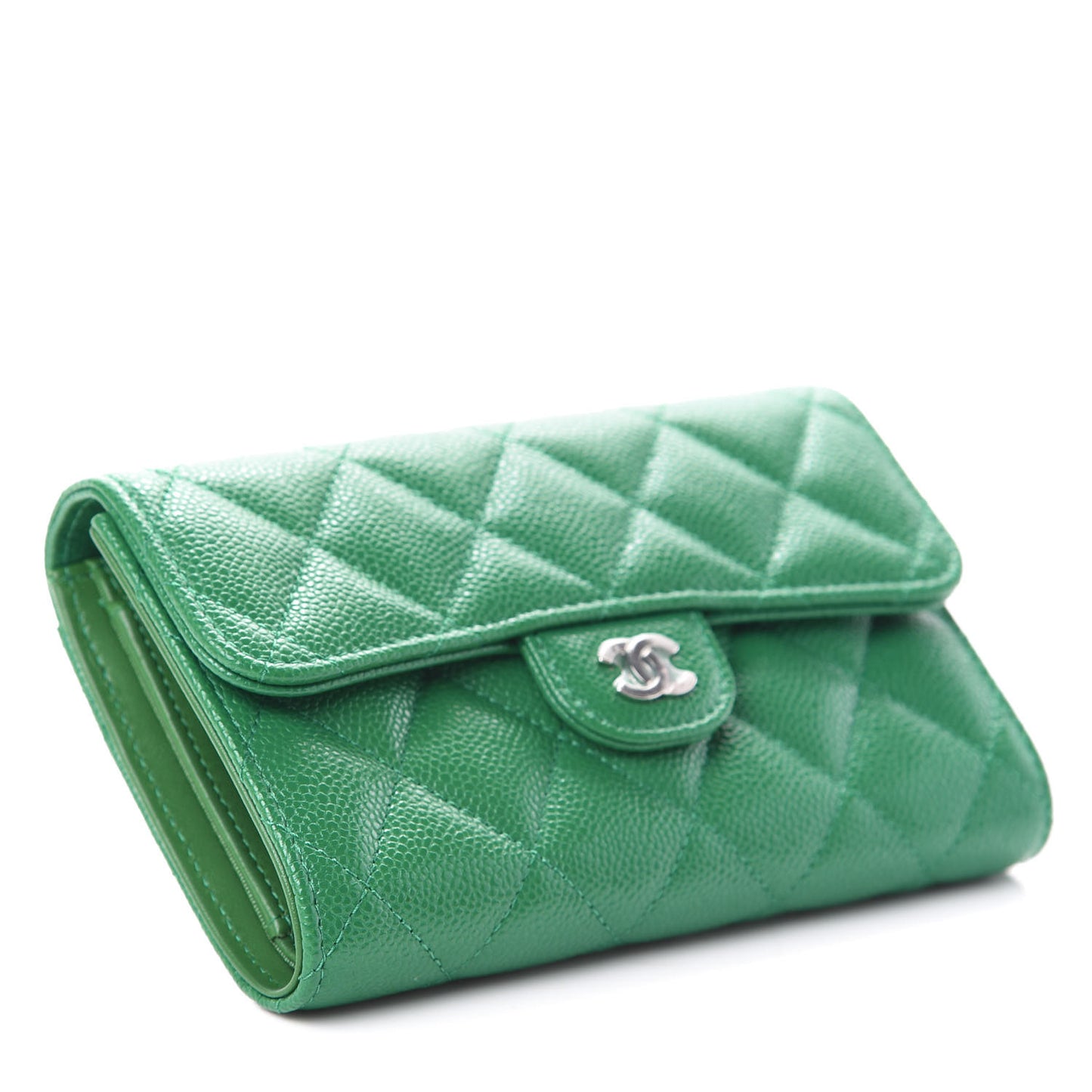 Metallic Caviar Quilted Medium Flap Wallet Green