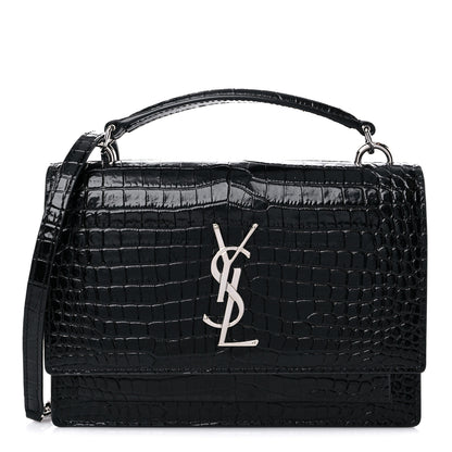 Saint Laurent Calfskin Crocodile Embossed Monogram Sunset Chain Wallet Black 1 of 11