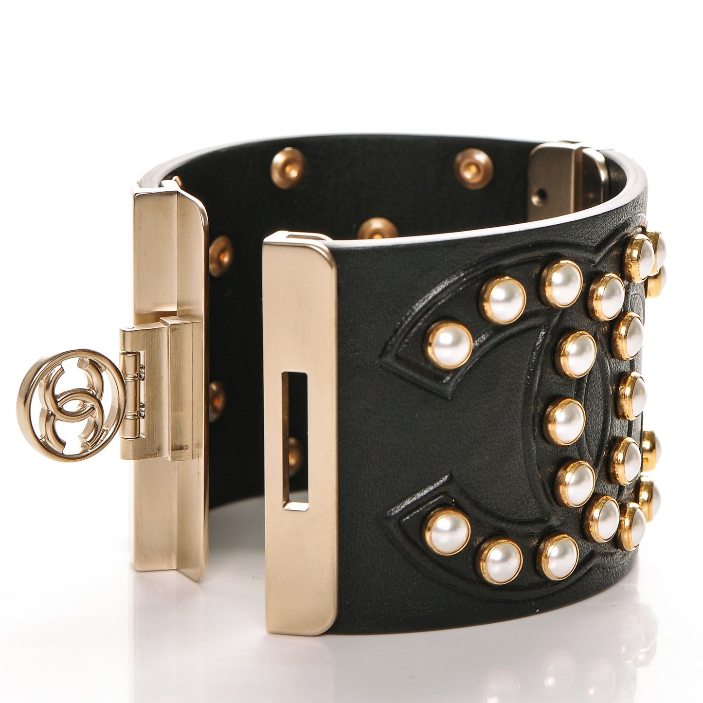 Lambskin Calfskin Pearl CC Cuff Bracelet Black Gold