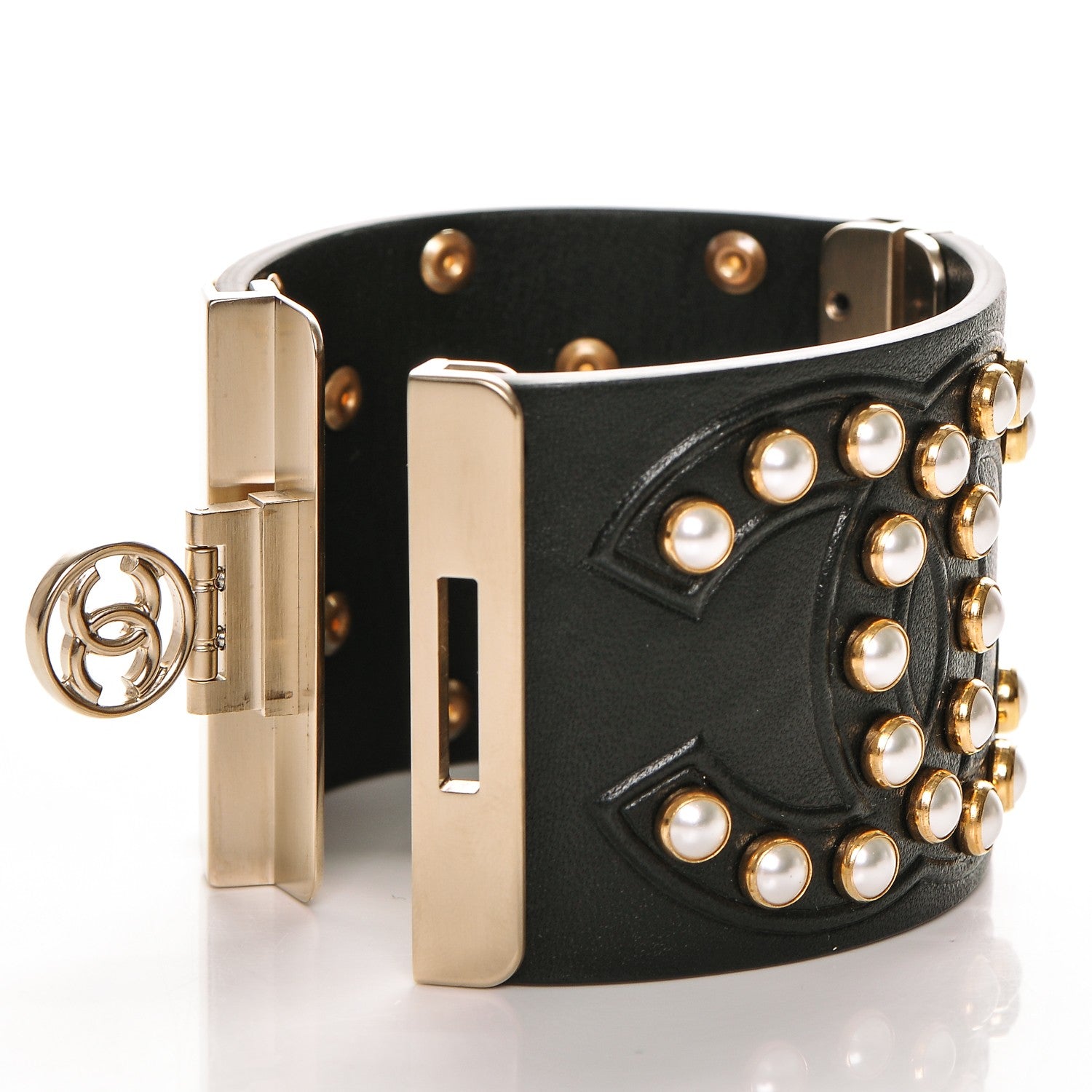 Chanel Lambskin Calfskin Pearl CC Cuff Bracelet Black Gold 4 of 5