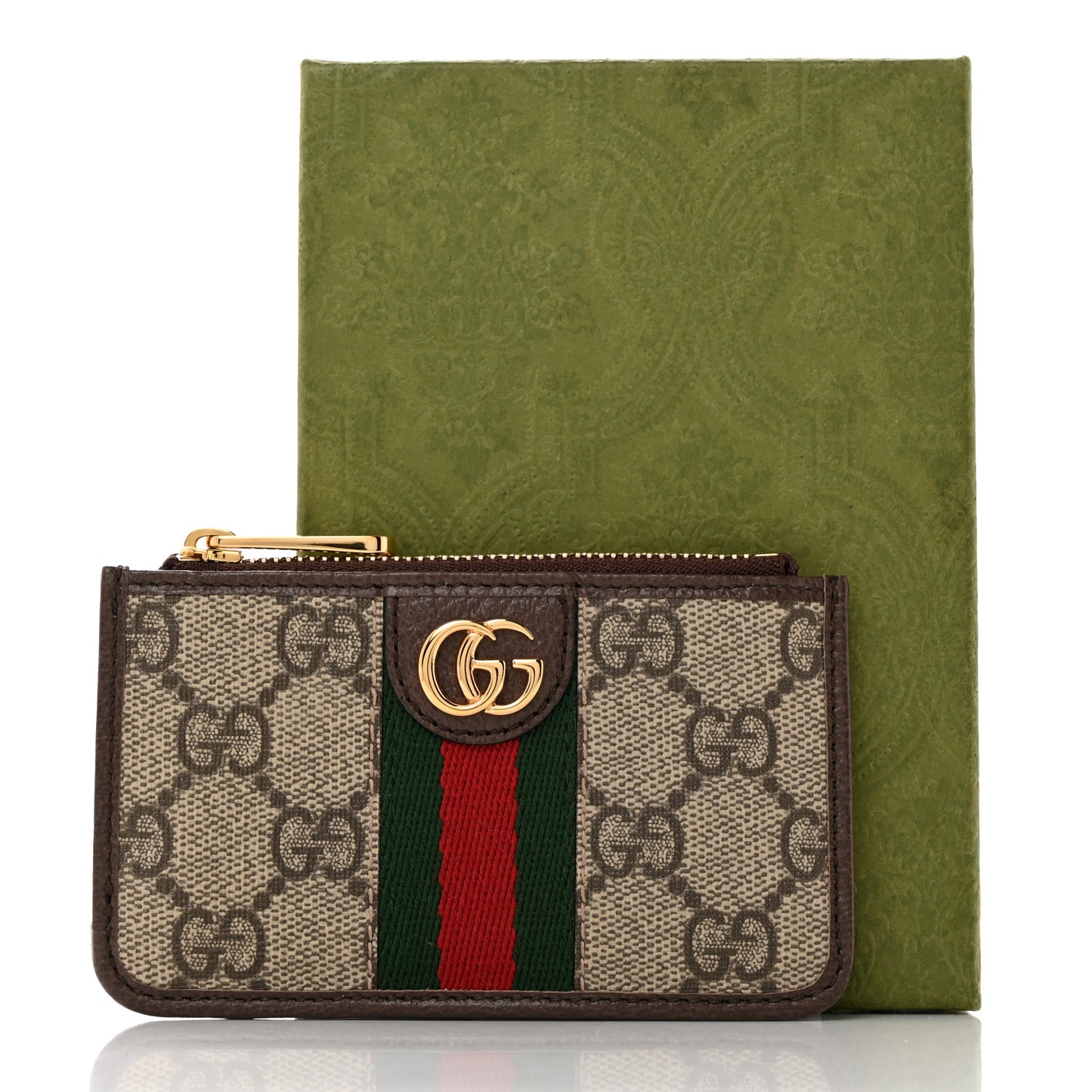 GG Supreme Monogram Web Ophidia Zip Card Case Brown