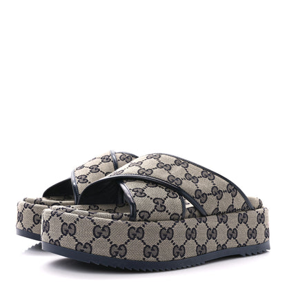 Gucci Monogram Criss Cross Platform Slide Sandals 37 Beige Blue 3 of 9