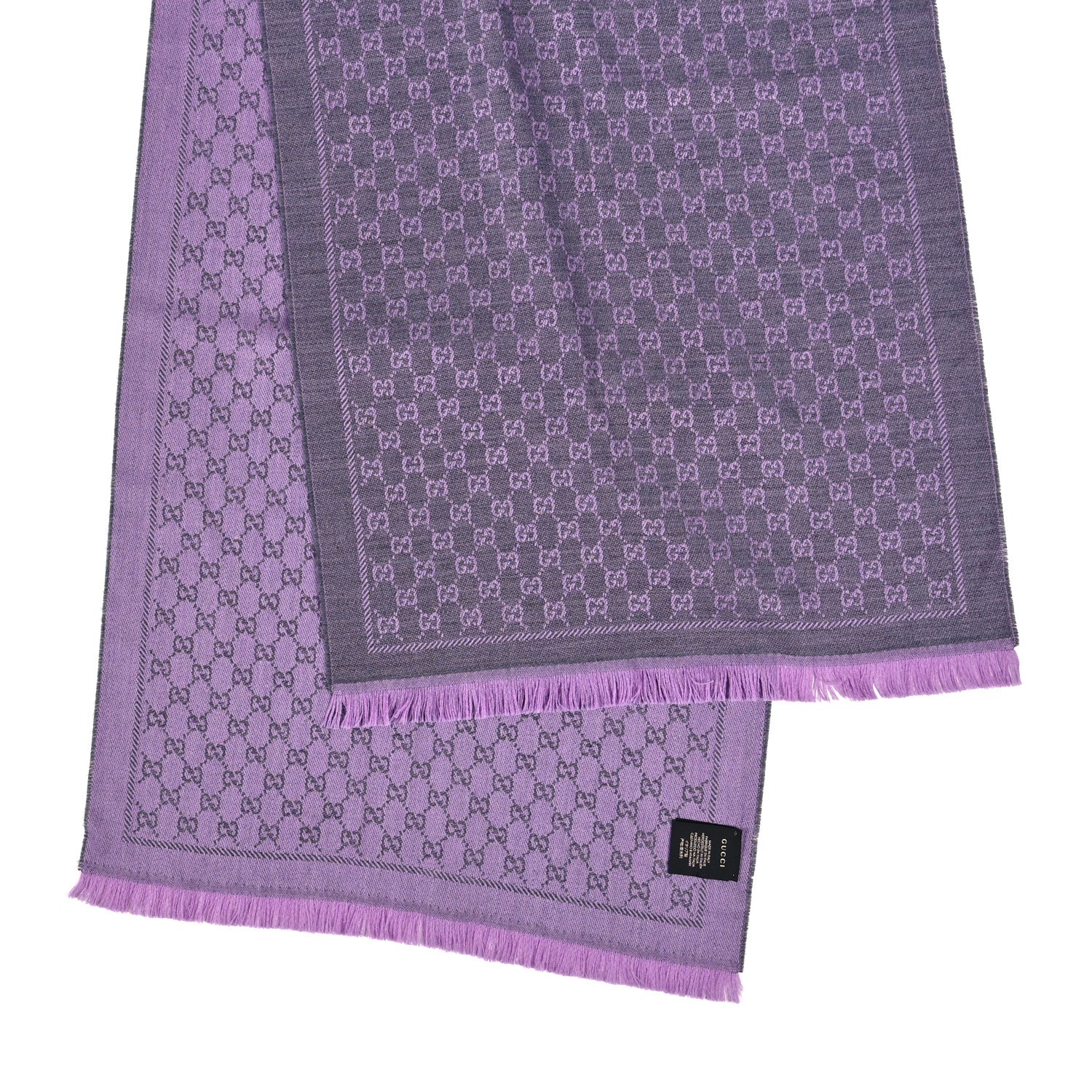 Gucci Wool GG Monogram Reversible New Sten Fringe Scarf Flannel Light Purple 5 of 8