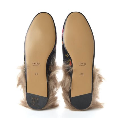 Gucci Velvet Fur Floral Womens Princetown Slippers 36 Black 5 of 8