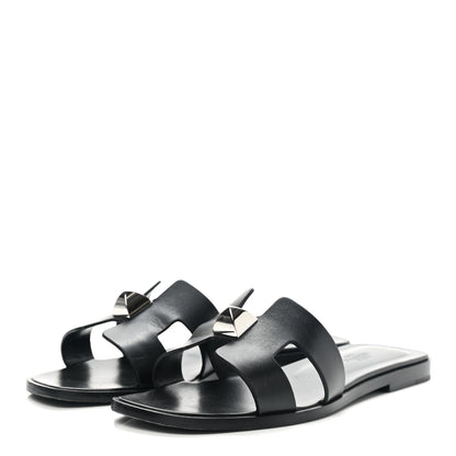 Hermes Box Calfskin Clous Pyramide Oran Sandals 37 Black 3 of 14