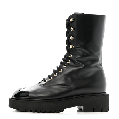 Chanel Crumpled Calfskin Patent Cap Toe Lace Up Combat Boots 39.5 Black 1 of 12