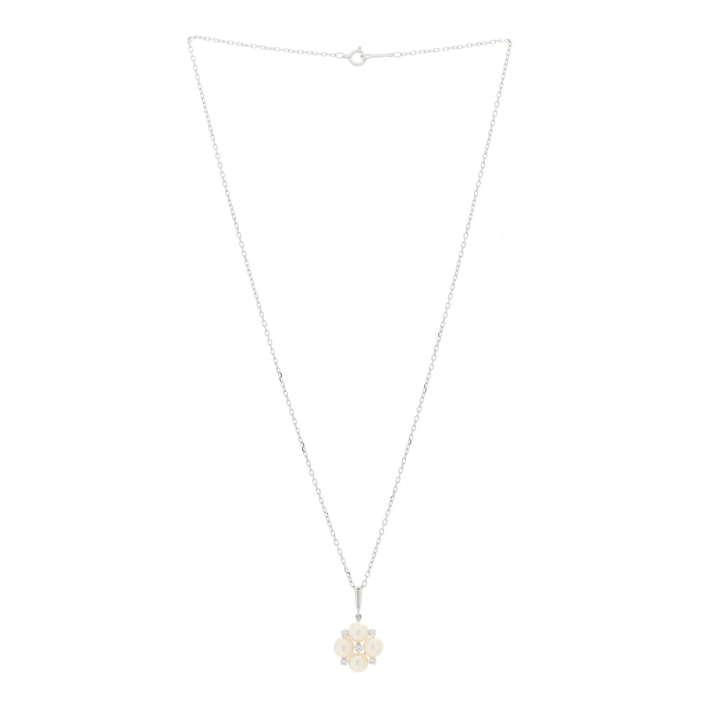 18K White Gold Diamond Akoya Cultured Pearl 5.5mm Cluster Pendant Necklace
