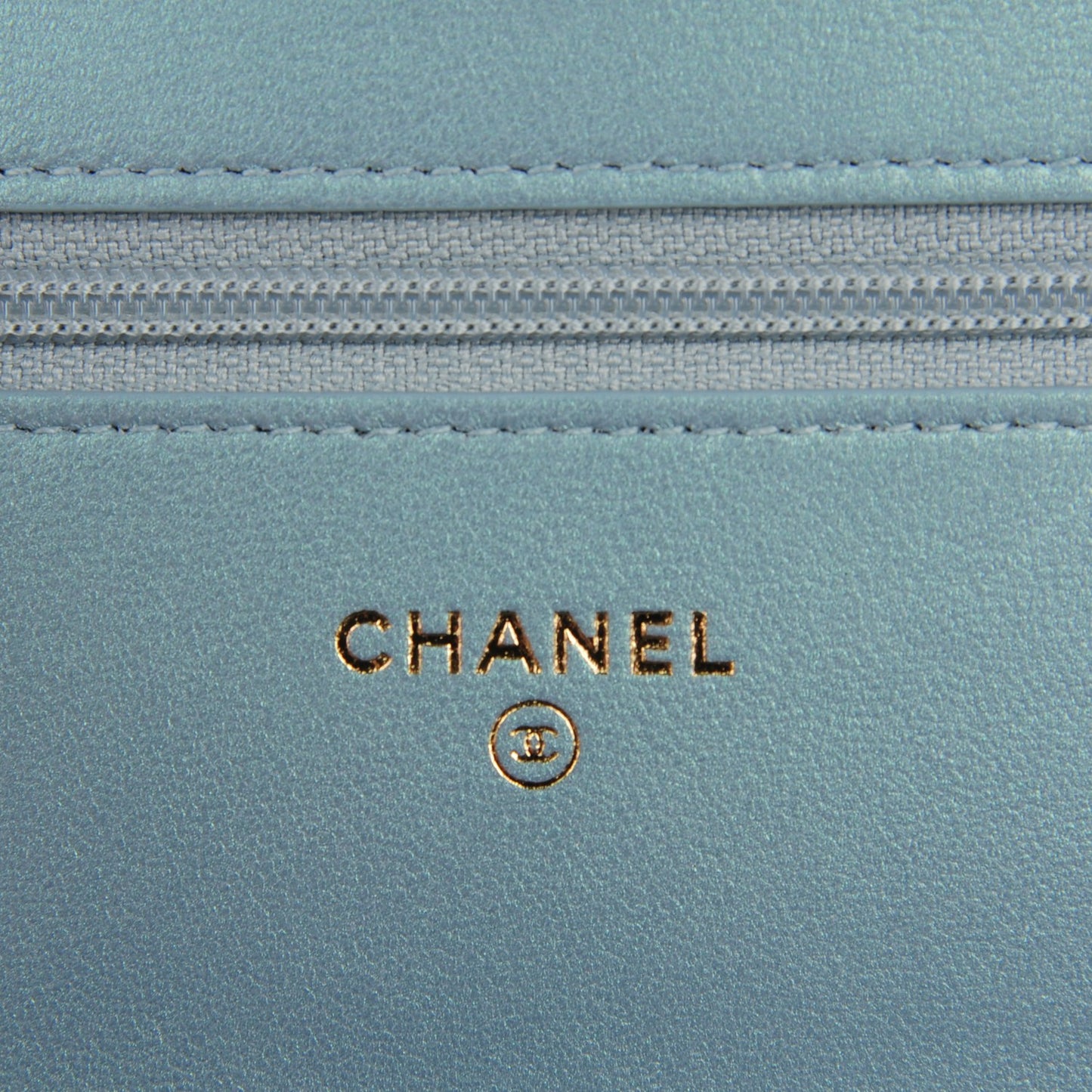 Iridescent Calfskin Quilted Boy Wallet On Chain WOC Light Blue