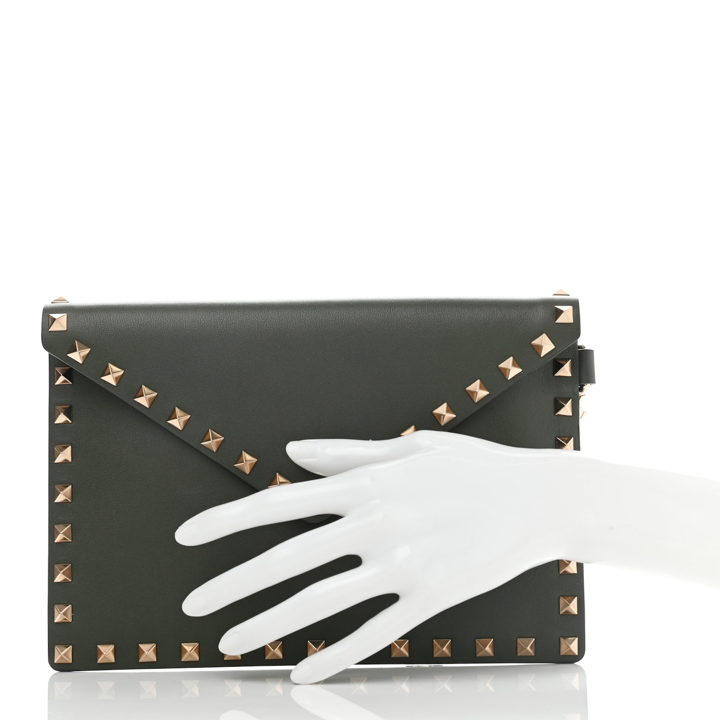 Vitello Rockstud Envelope Wristlet Clutch Olive Green