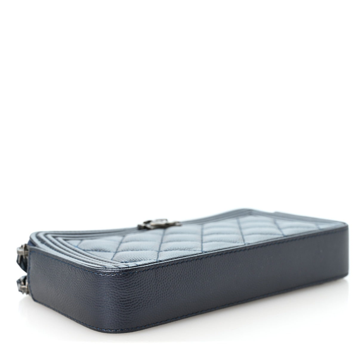 Metallic Caviar Quilted Small Boy Clutch With Chain Navy